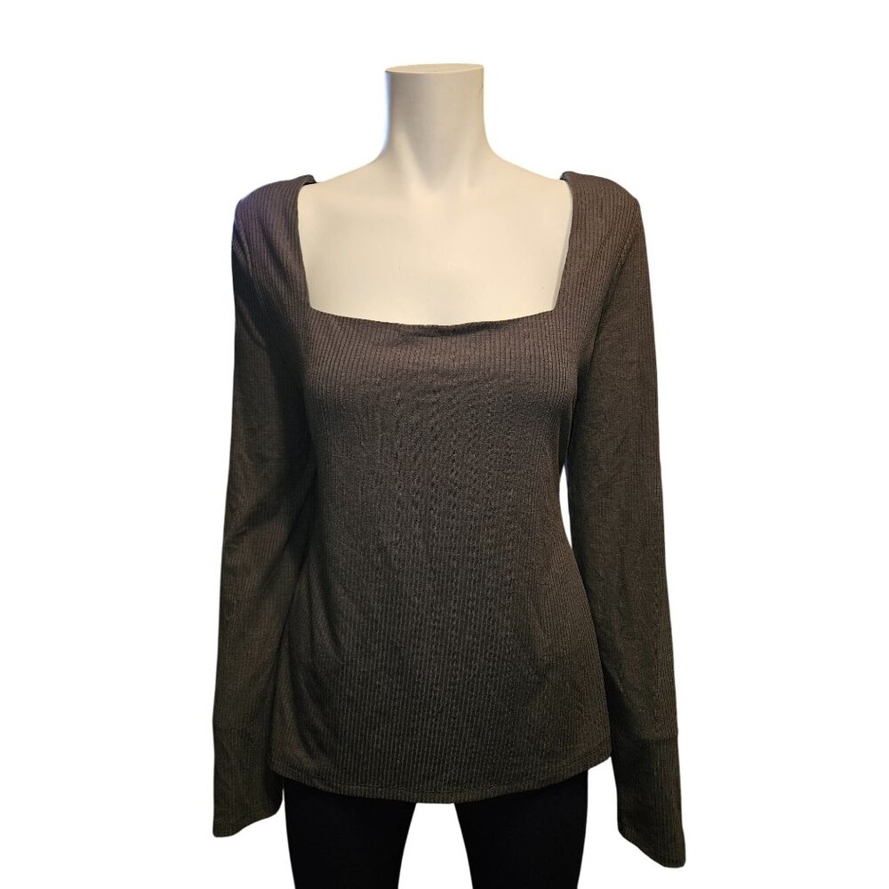 Nina Britton Womens XL Ribbed Long Sleeve Top Square Neck & Strappy Back